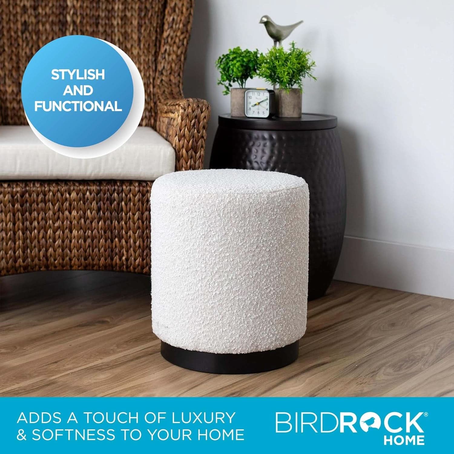 Round Boucle Ottoman Footstool White Compact Cushion