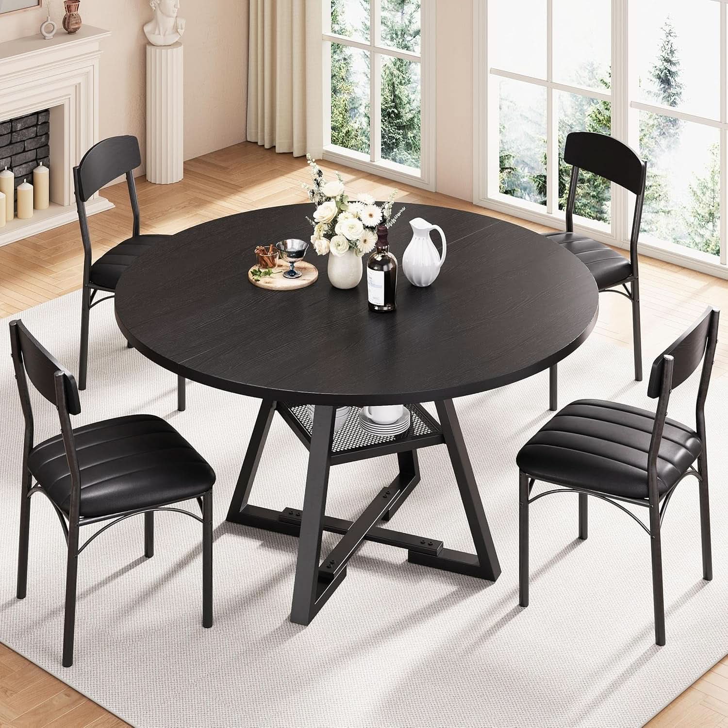 Round Circular Dining Table Set Black Diameter47Inches