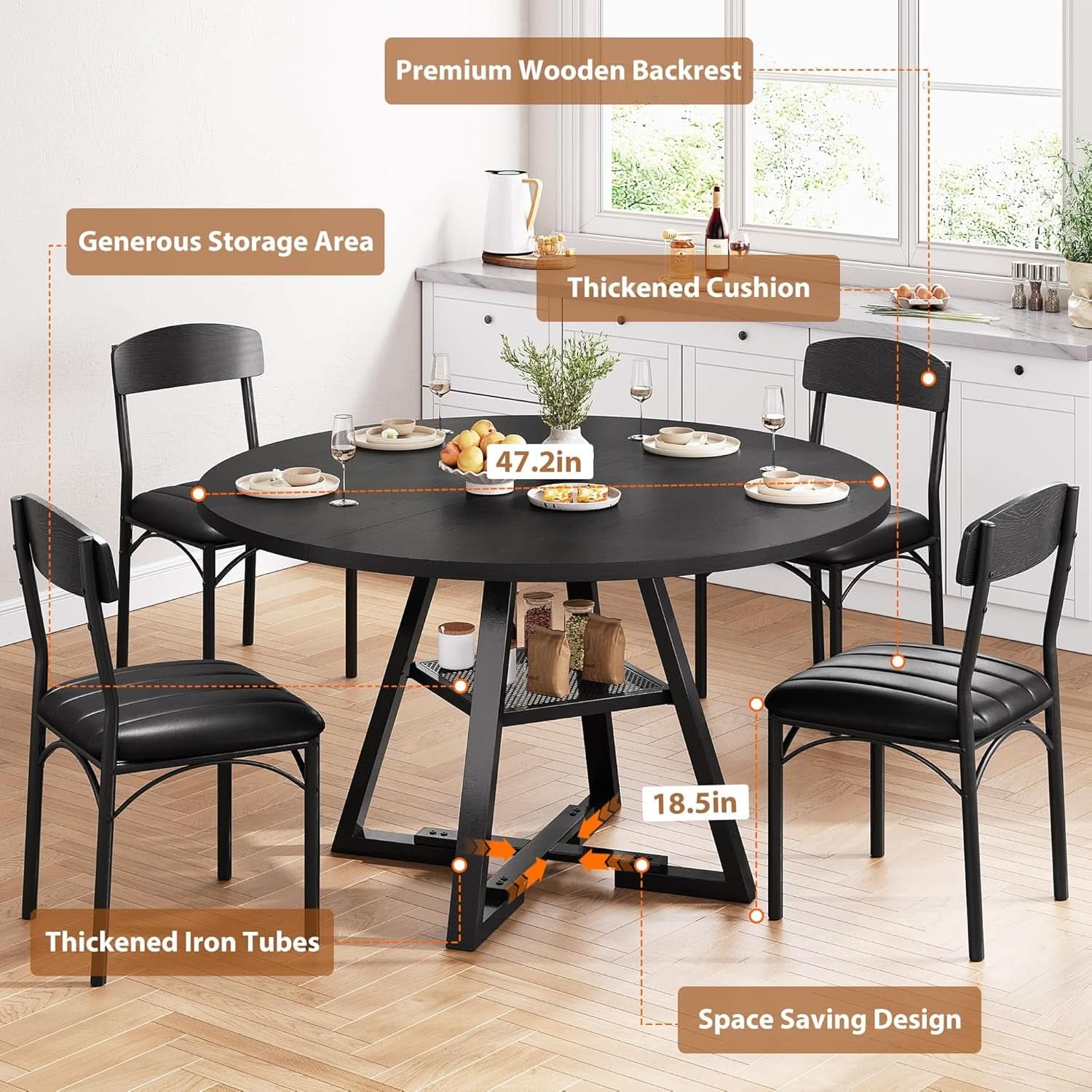 Round Circular Dining Table Set Black Diameter47Inches