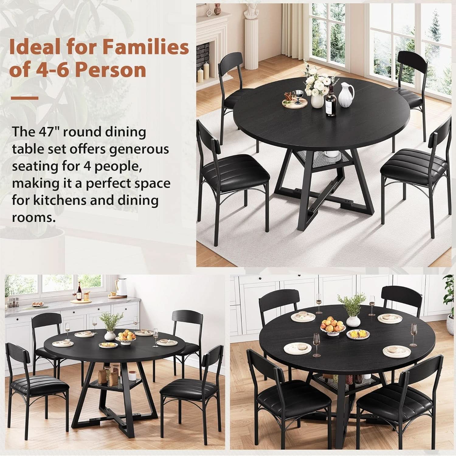 Round Circular Dining Table Set Black Diameter47Inches
