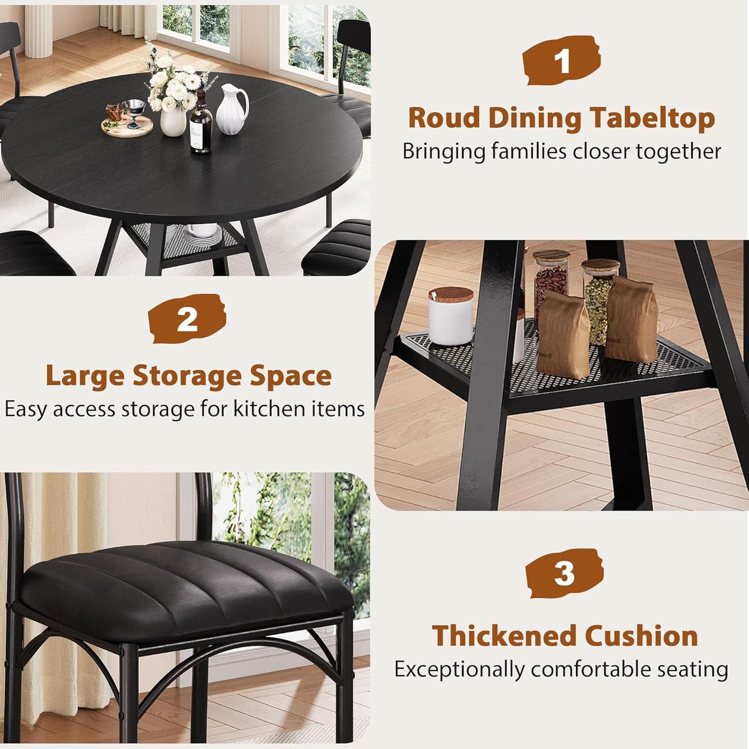 Round Circular Dining Table Set Black Diameter47Inches
