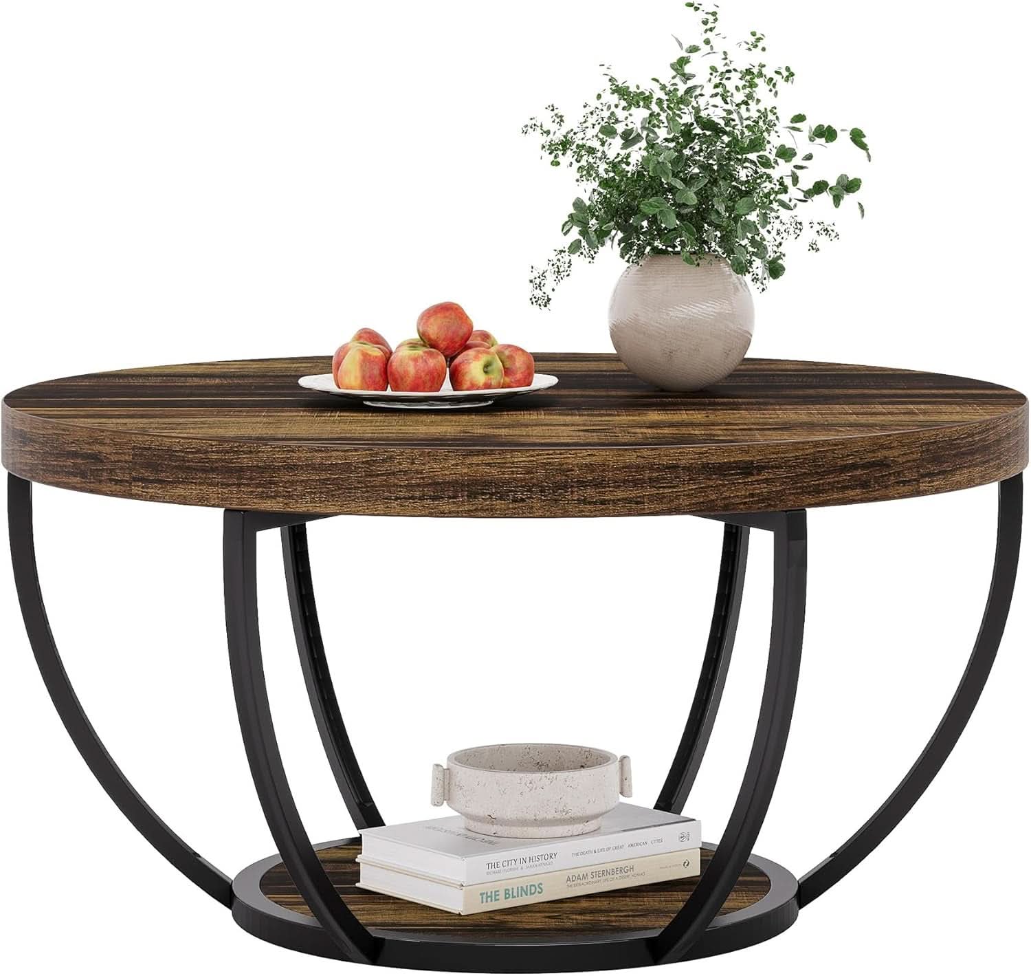 Round Coffee Table 31.7Inches Rustic Brown Storage