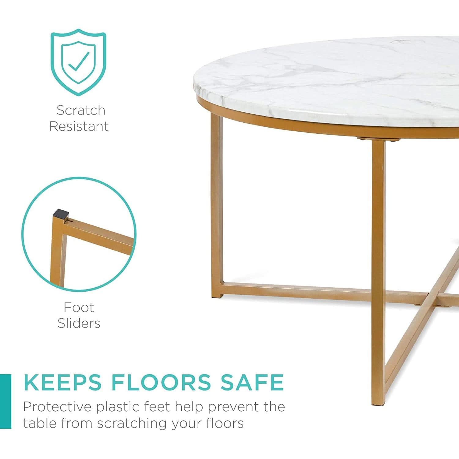 Round Coffee Table With Faux Marble Top Cross Leg Design
