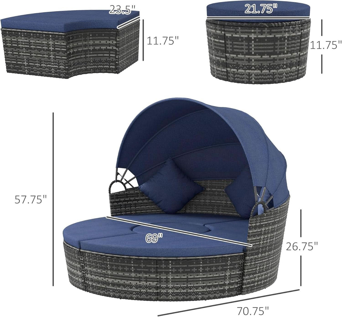 Round Convertible Daybed With Sun Canopy Outdoor Dark Blue
