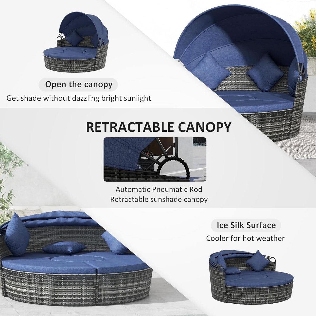 Round Convertible Daybed With Sun Canopy Outdoor Dark Blue