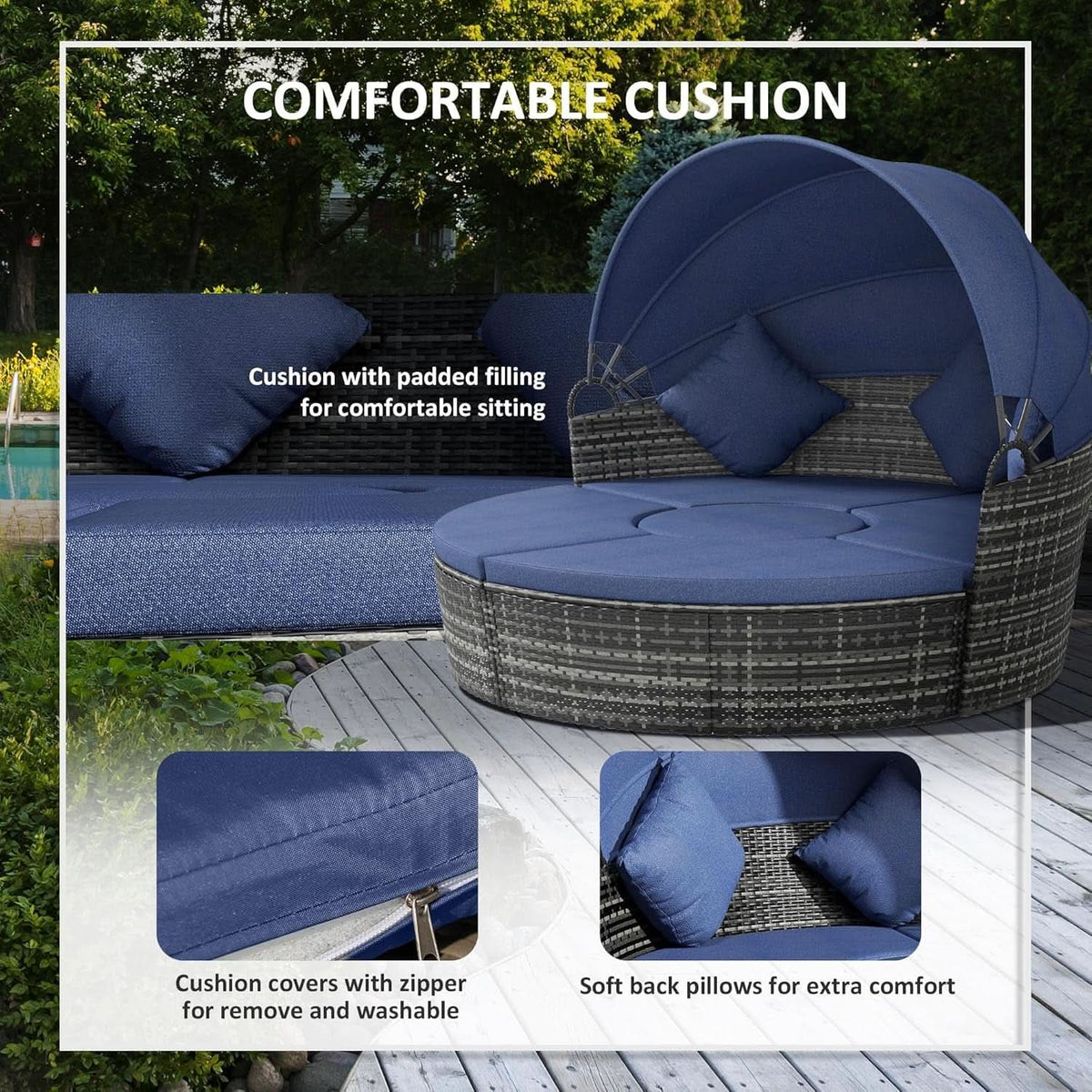 Round Convertible Daybed With Sun Canopy Outdoor Dark Blue