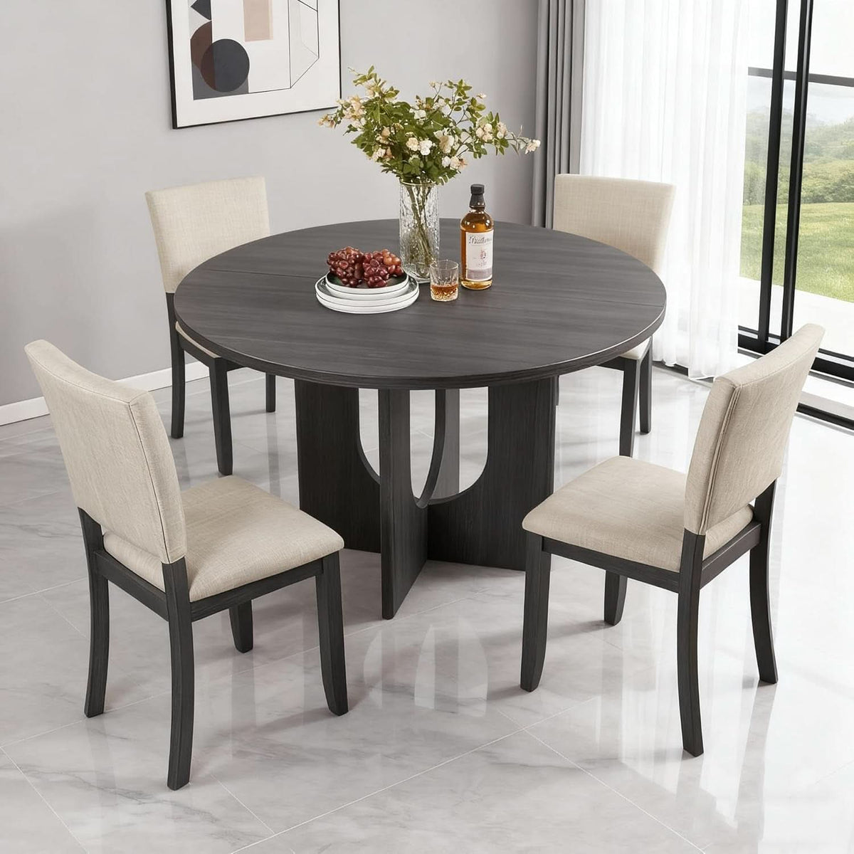 Round Dining Set With 47 Inch Table And Beige Upholstered Chairs