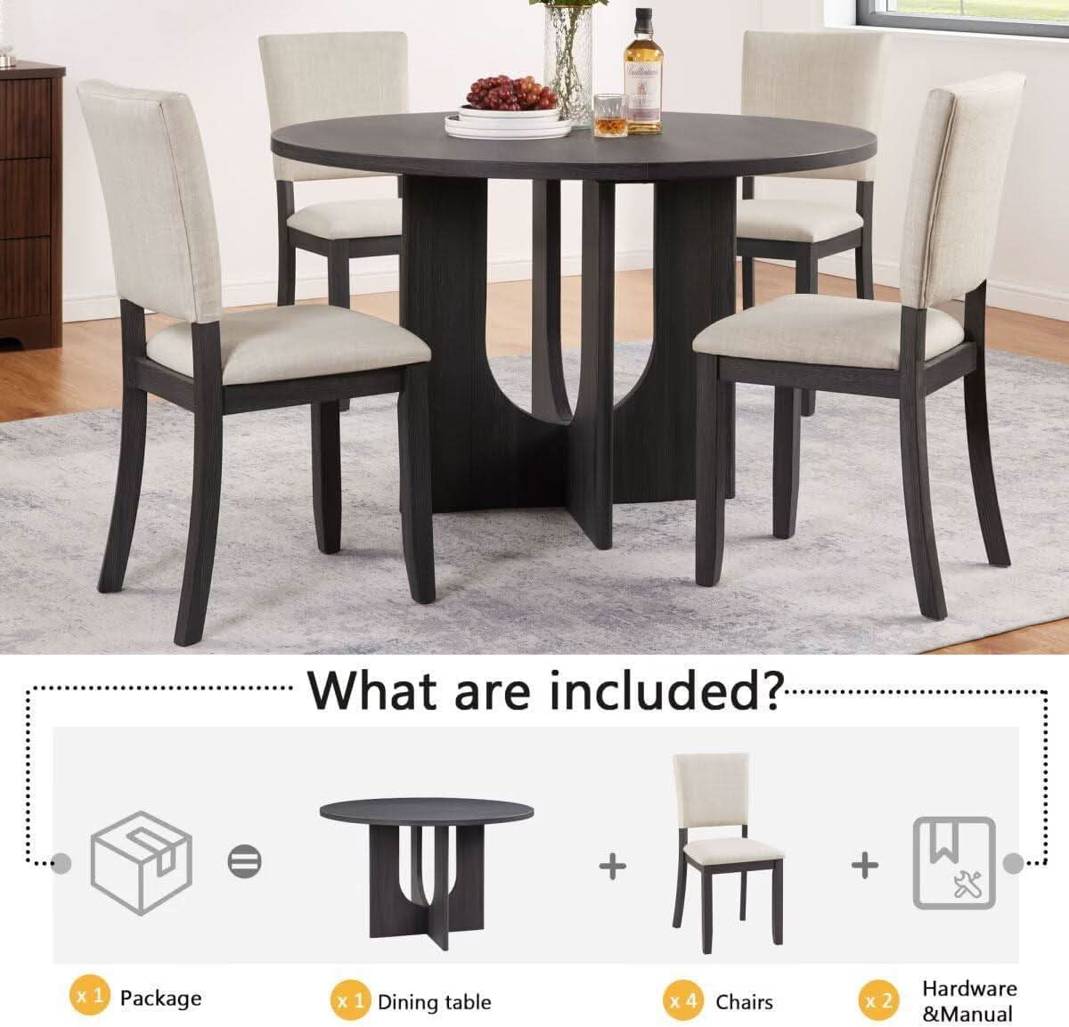 Round Dining Set With 47 Inch Table And Beige Upholstered Chairs