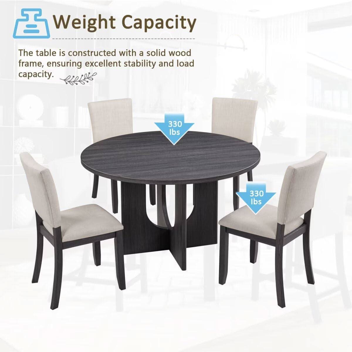 Round Dining Set With 47 Inch Table And Beige Upholstered Chairs