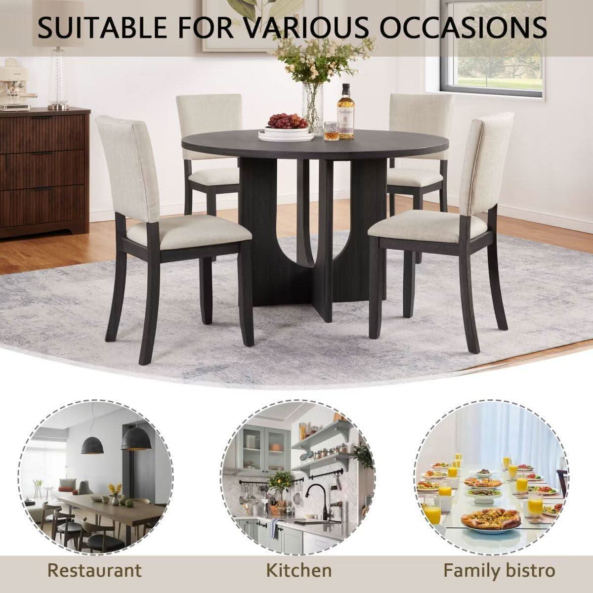Round Dining Set With 47 Inch Table And Beige Upholstered Chairs