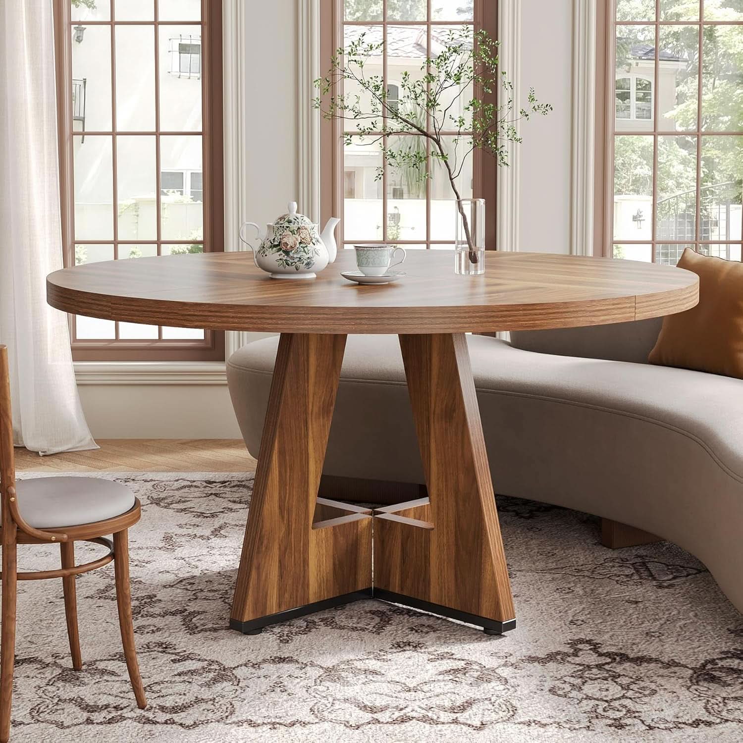Round Dining Table 47 Inch Brown Finish Seats 4 To 6