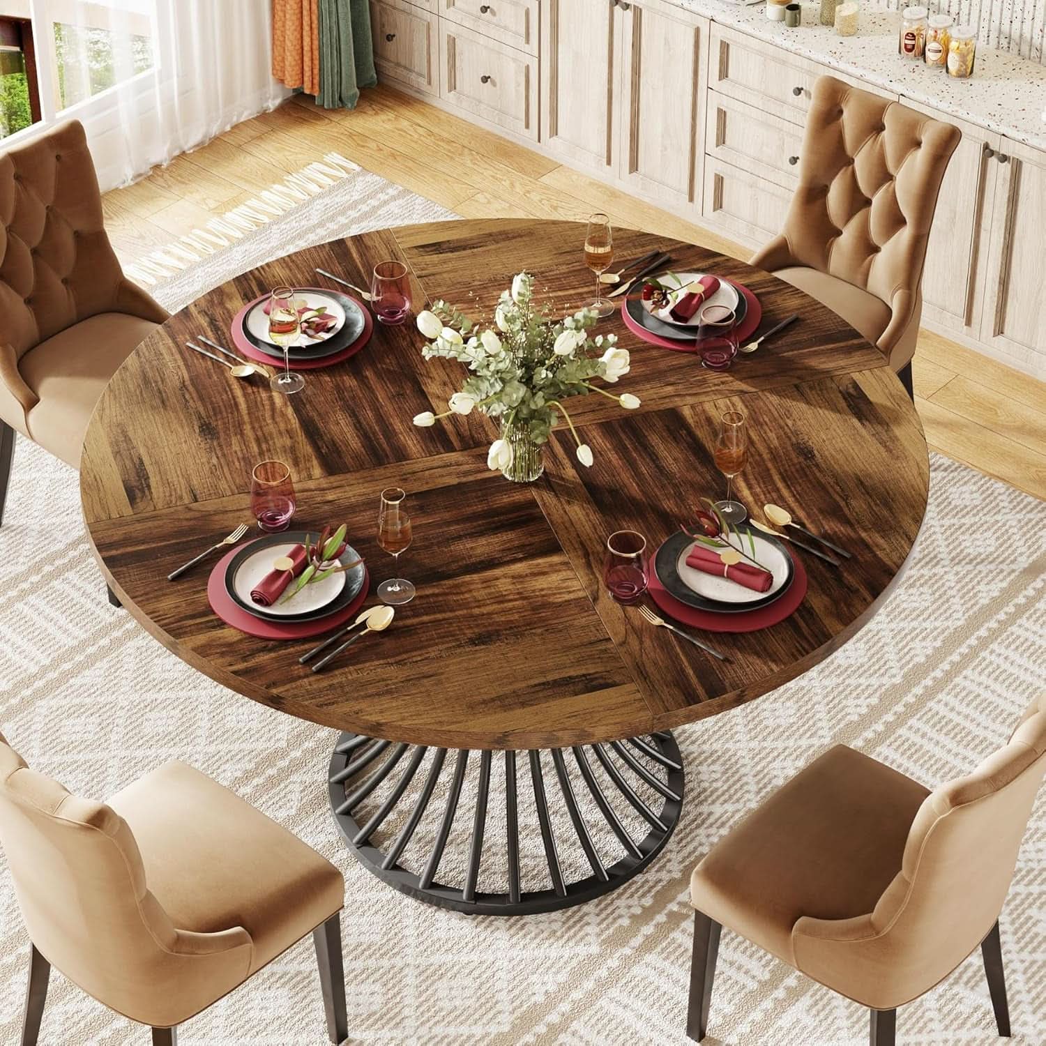 Round Dining Table 47 Inch Metal Base For Kitchen And Dining