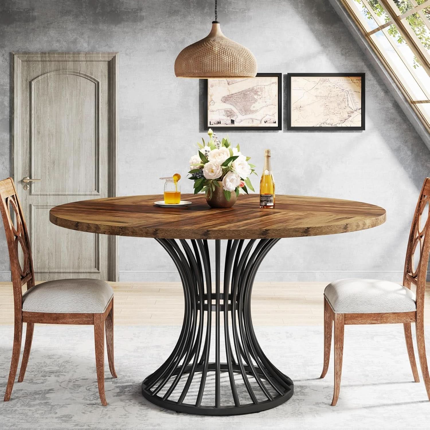 Round Dining Table 47 Inch Metal Base For Kitchen And Dining