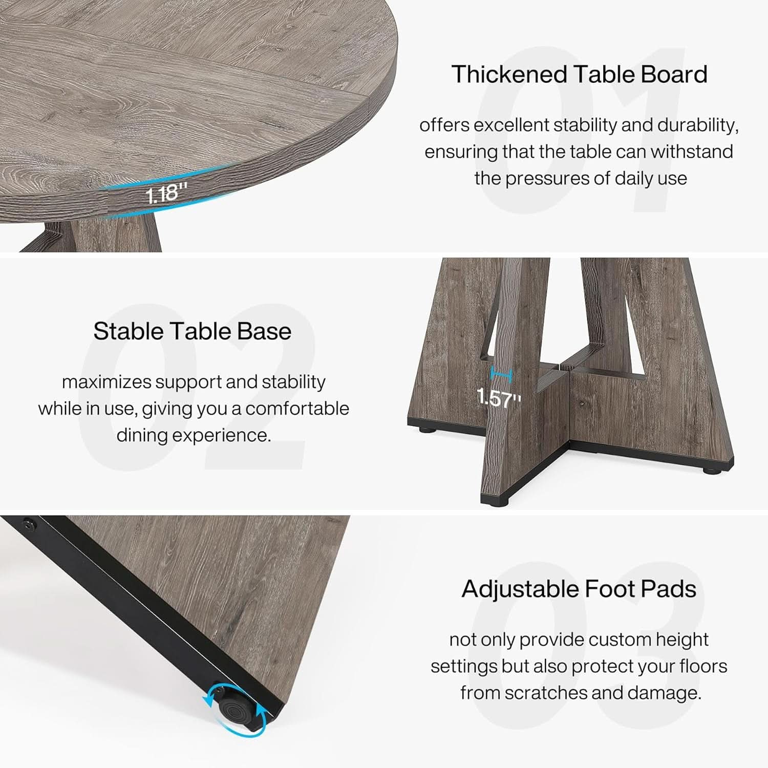 Round Dining Table 47 Inch Wood Farmhouse Grey Kitchen