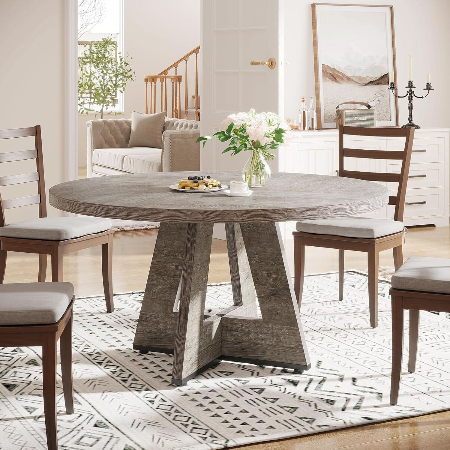 Round Dining Table 47 Inch Wood Farmhouse Grey Kitchen