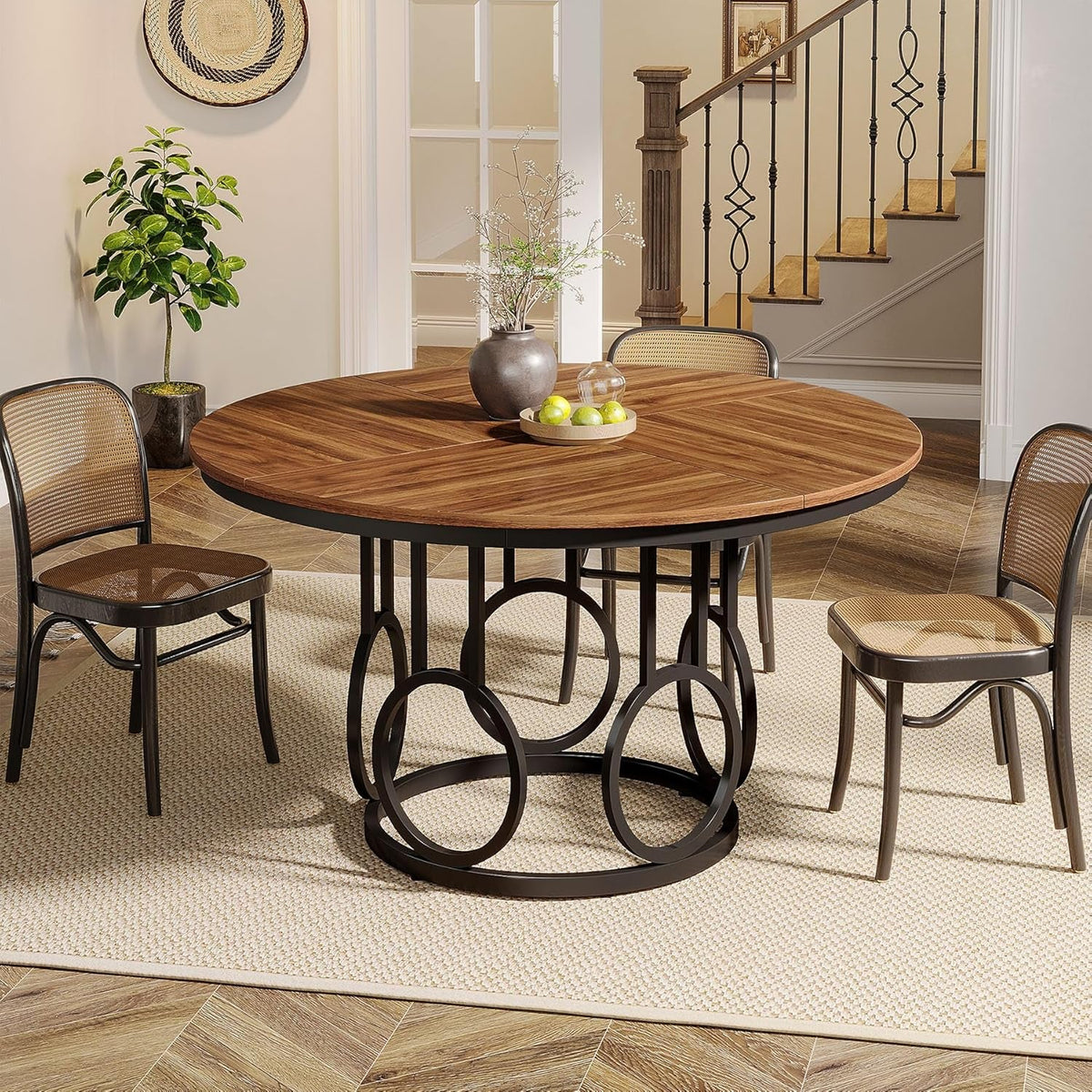 Round Dining Table 47 Walnut With Metal Base Seats 4 To 6