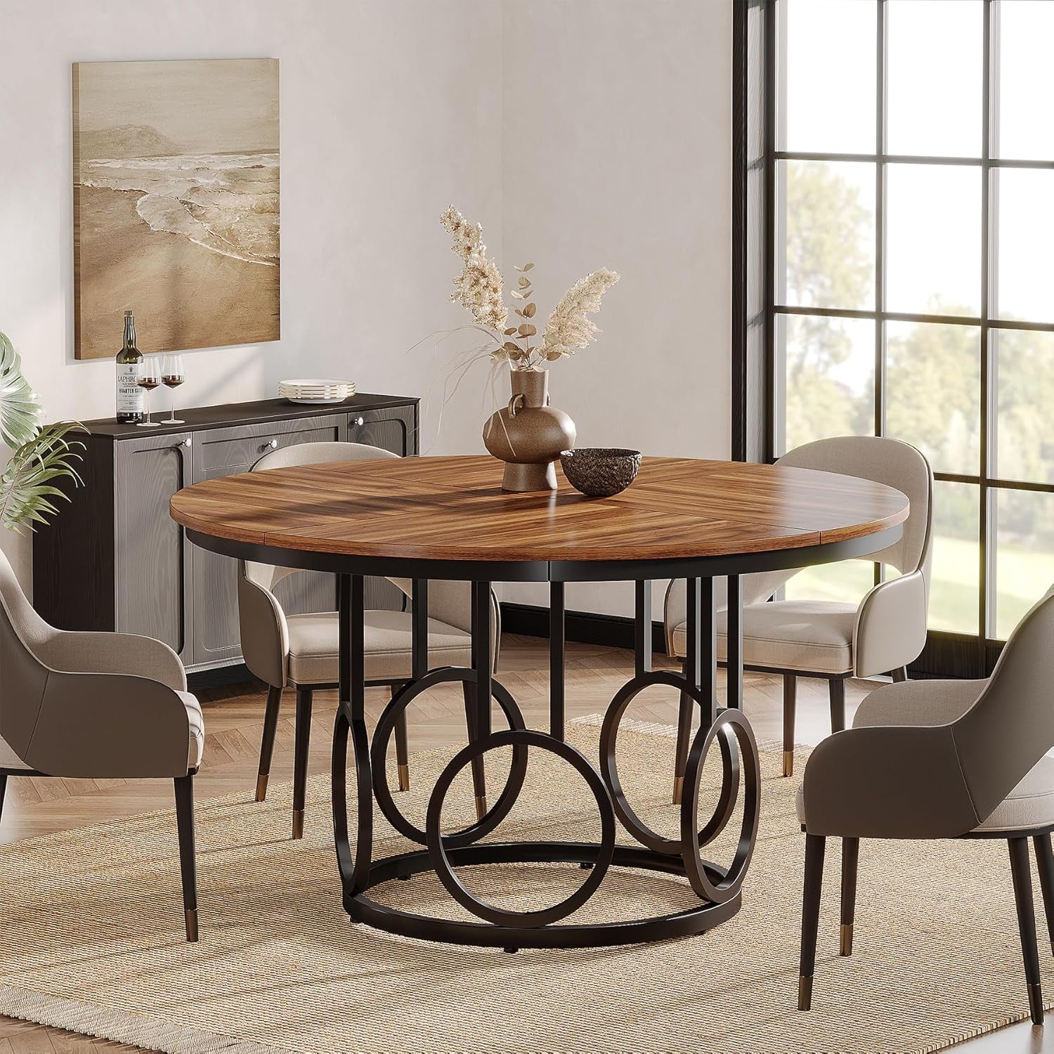 Round Dining Table 47 Walnut With Metal Base Seats 4 To 6