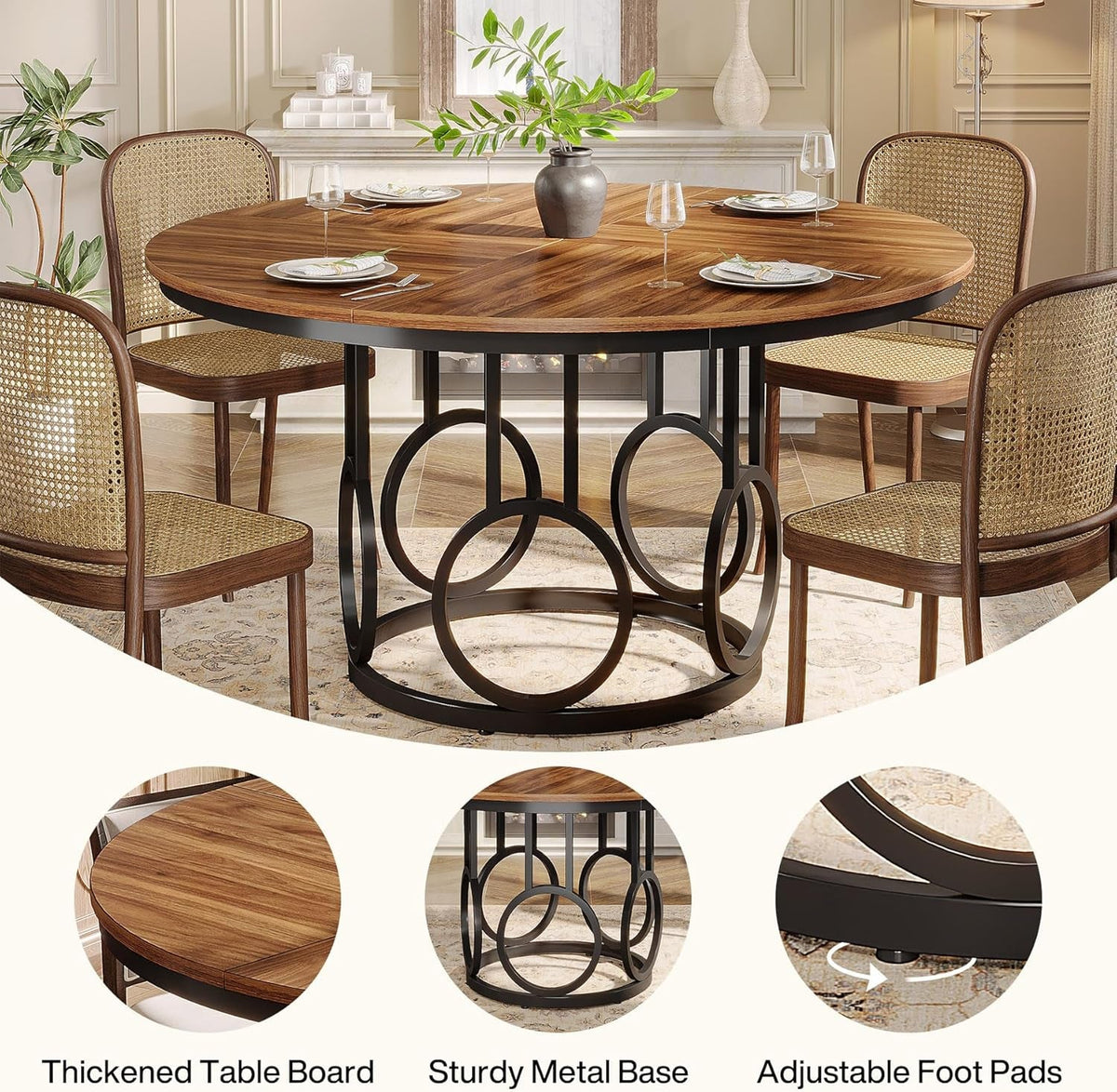 Round Dining Table 47 Walnut With Metal Base Seats 4 To 6