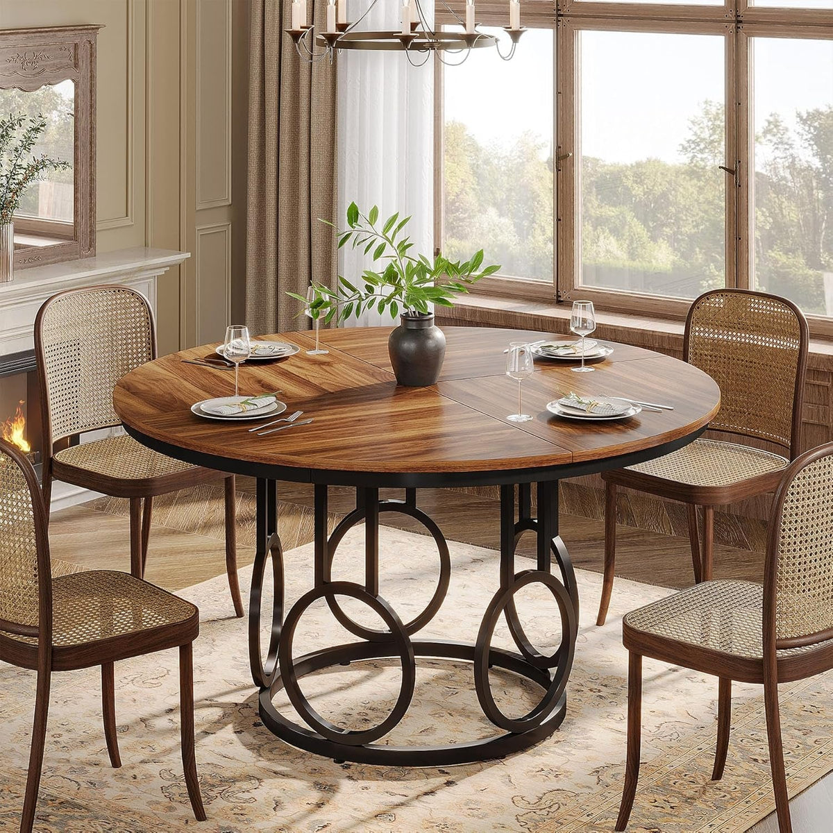 Round Dining Table 47 Walnut With Metal Base Seats 4 To 6