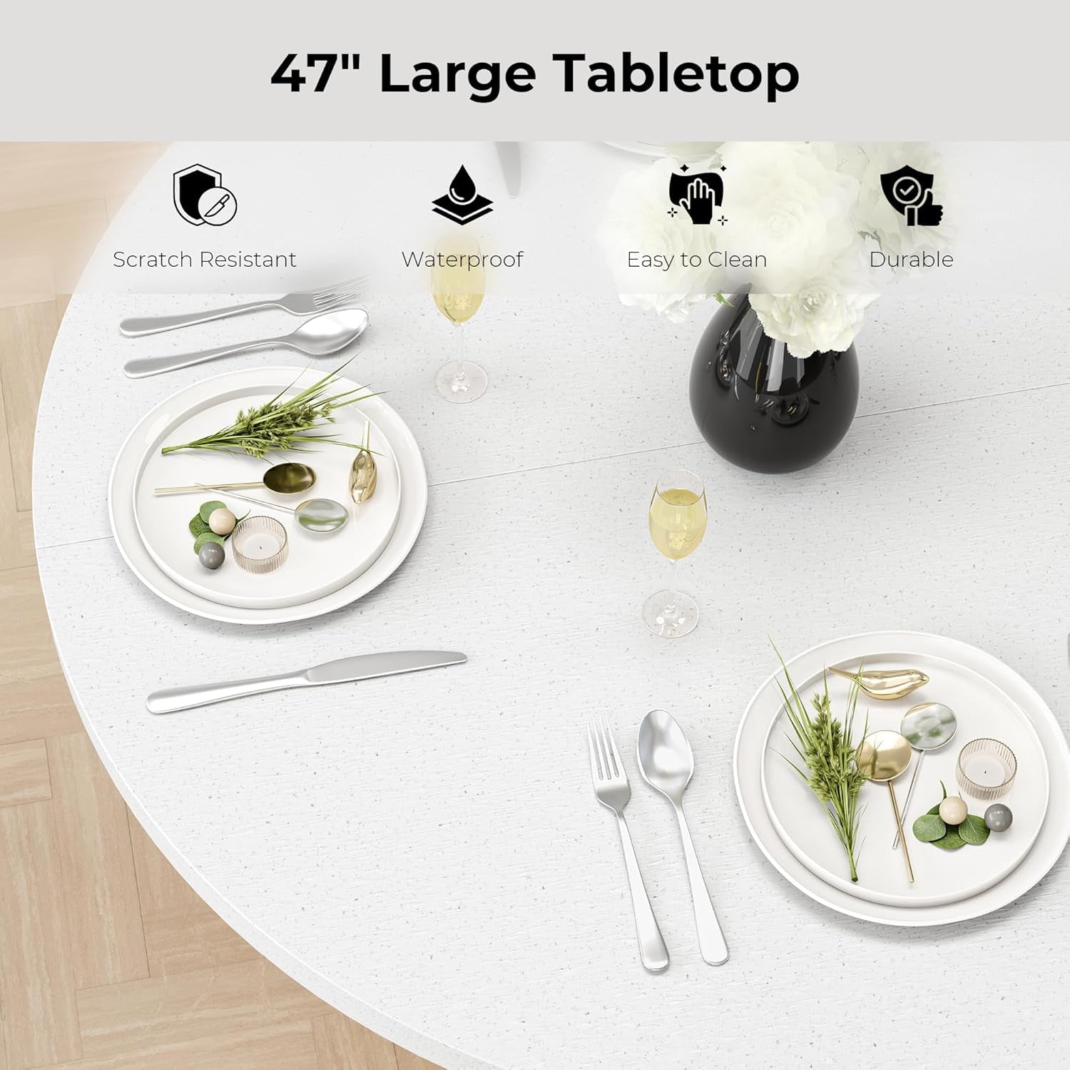 Round Dining Table 47in Black Quartz Top With Wood Base