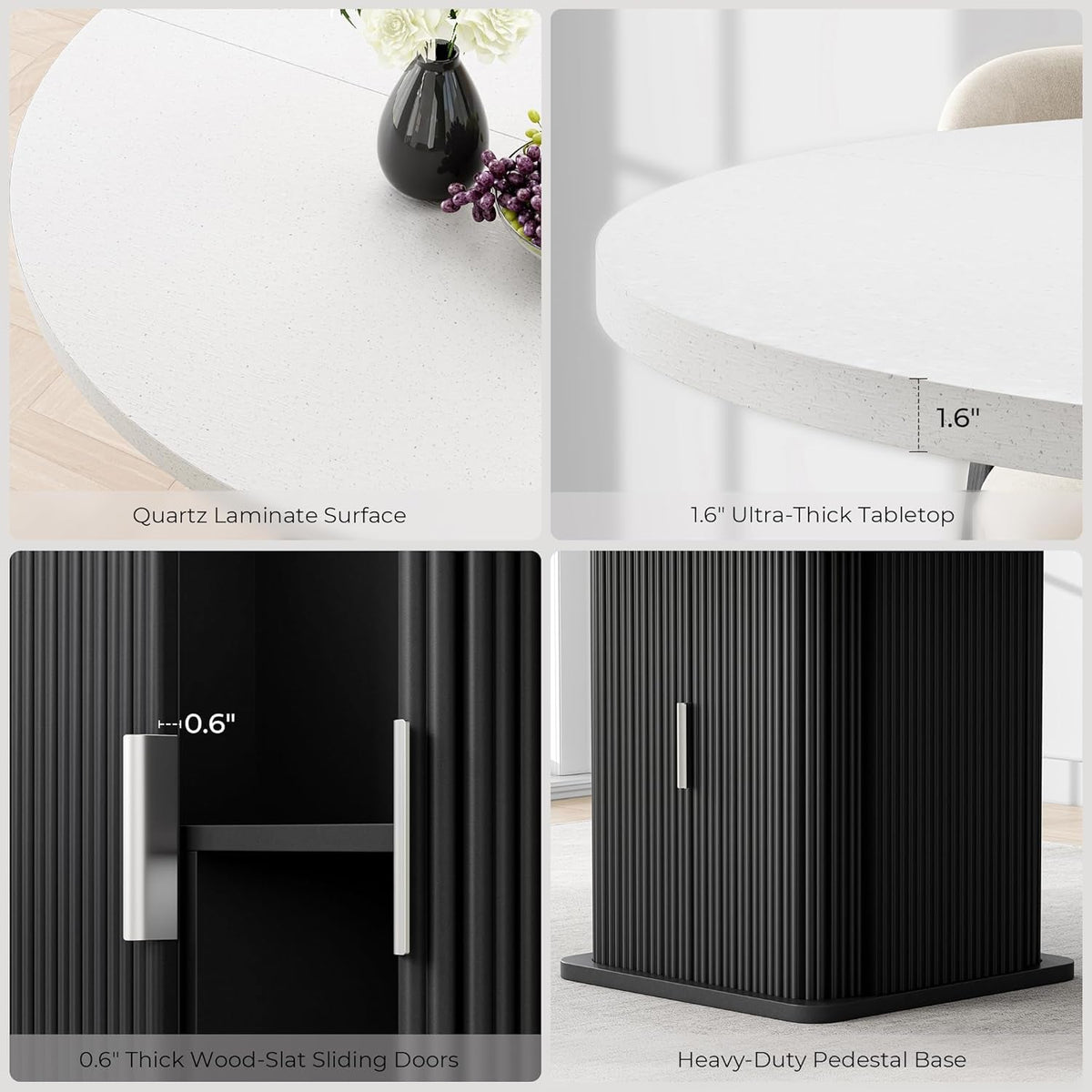 Round Dining Table 47in Black Quartz Top With Wood Base