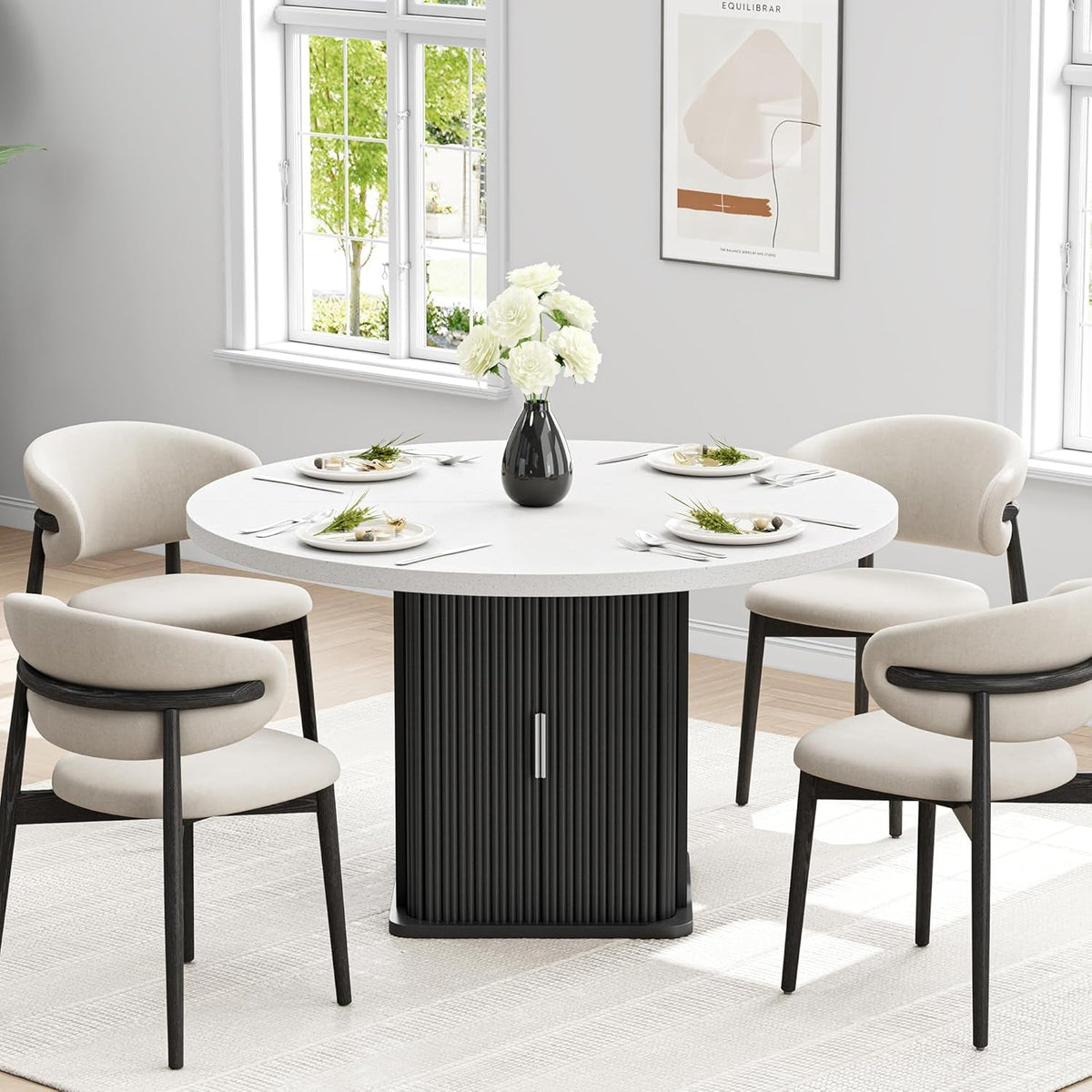 Round Dining Table 47in Black Quartz Top With Wood Base