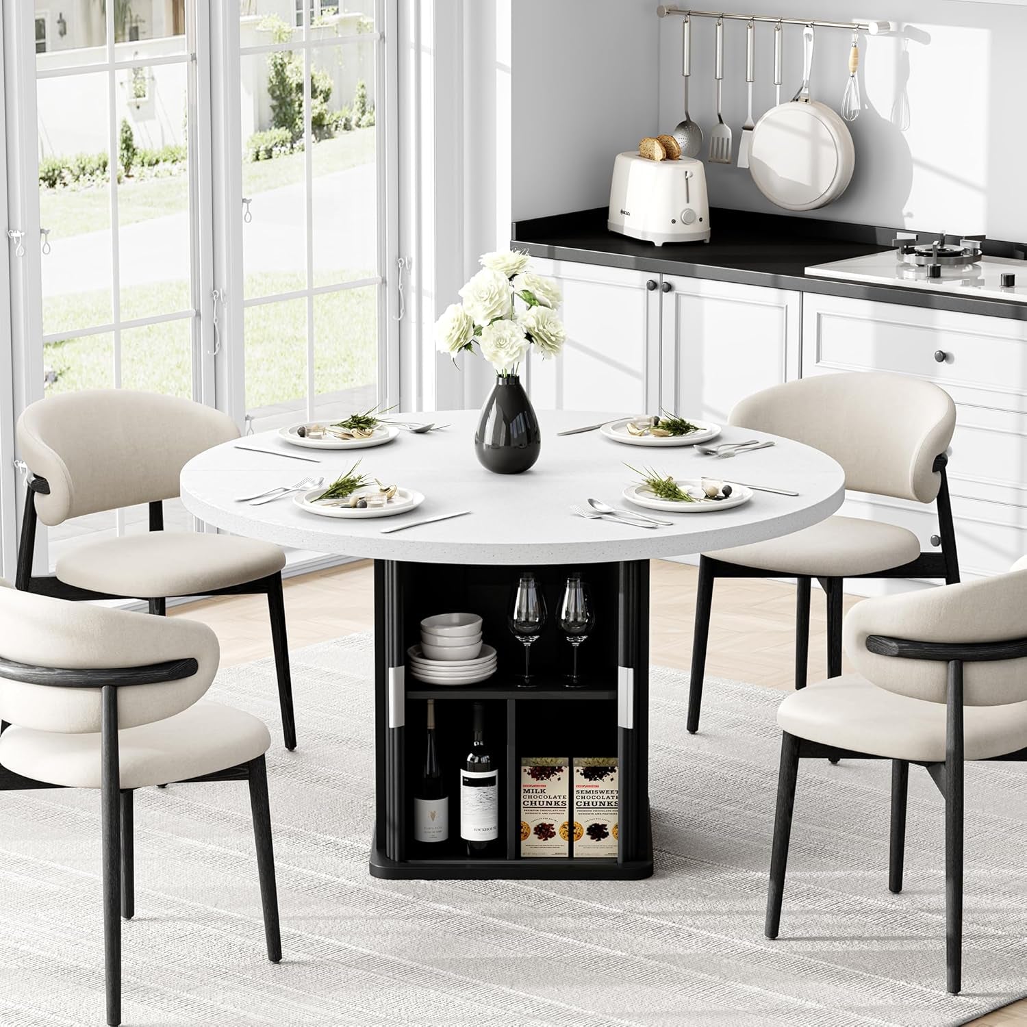 Round Dining Table 47in Black Quartz Top With Wood Base