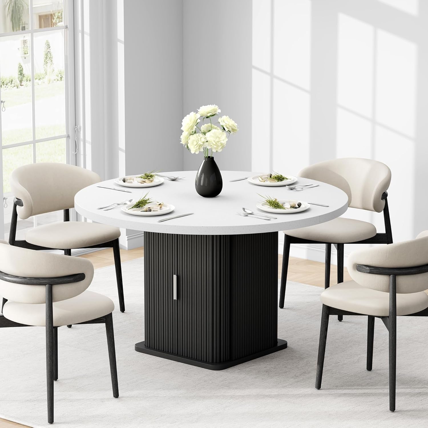Round Dining Table 47in Black Quartz Top With Wood Base