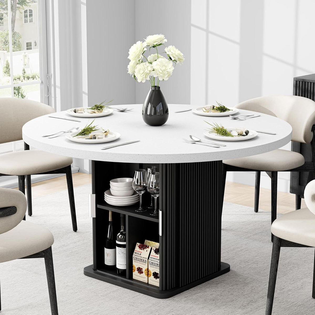 Round Dining Table 47in Black Quartz Top With Wood Base