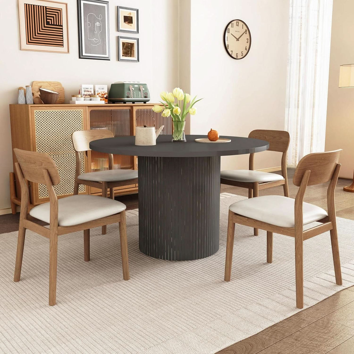 Round Dining Table For 4 47 Inch Black Wood Strip Base Kitchen Table