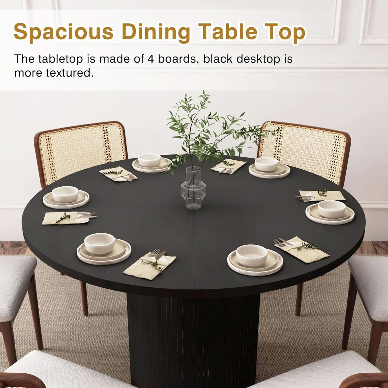 Round Dining Table For 4 47 Inch Black Wood Strip Base Kitchen Table