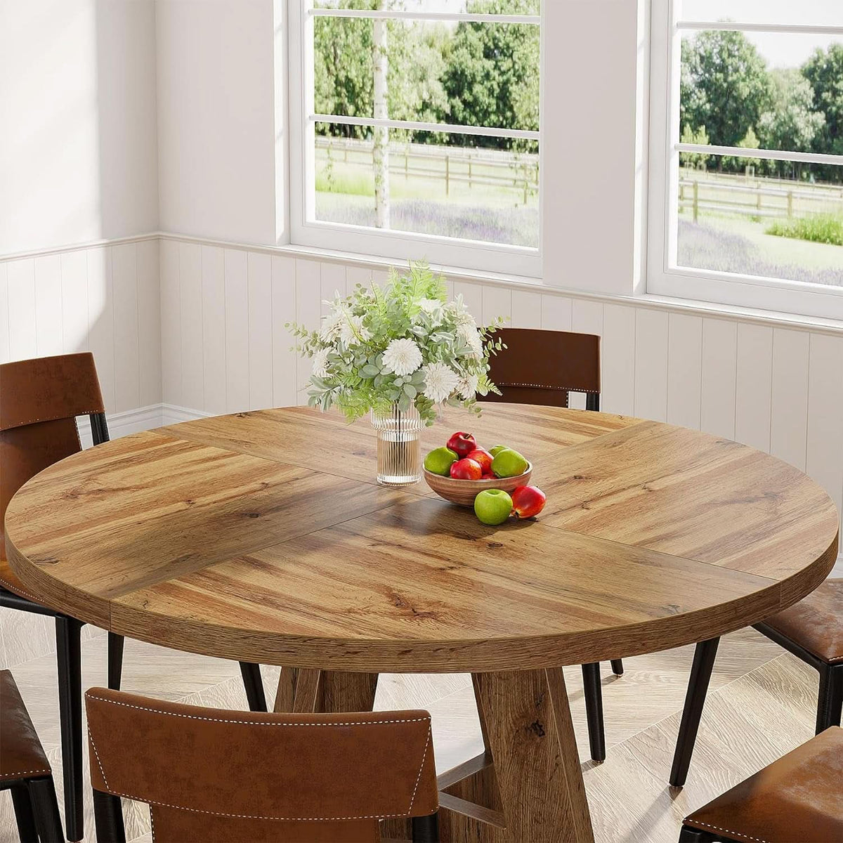 Round Dining Table Wood 47 Inch Burlywood Finish Farmhouse