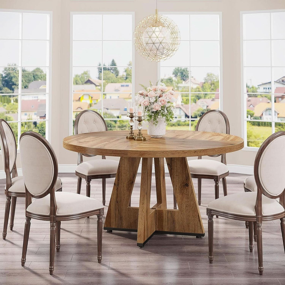 Round Dining Table Wood 47 Inch Burlywood Finish Farmhouse