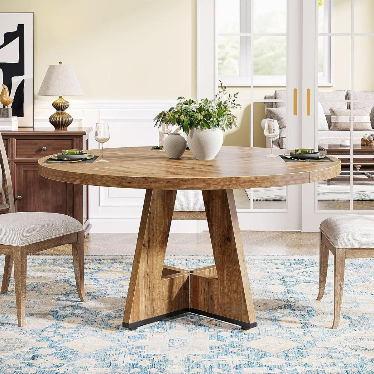 Round Dining Table Wood 47 Inch Burlywood Finish Farmhouse