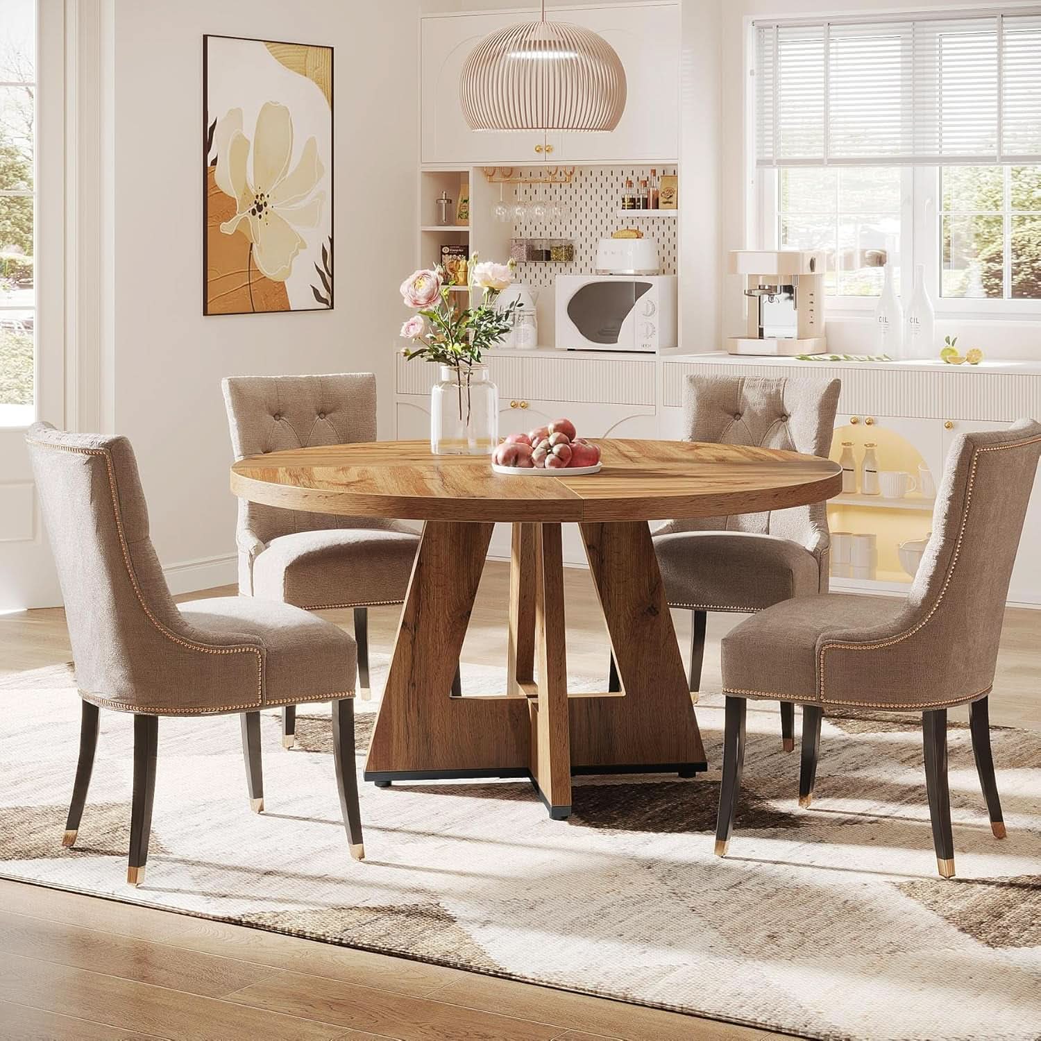 Round Dining Table Wood 47 Inch Burlywood Finish Farmhouse