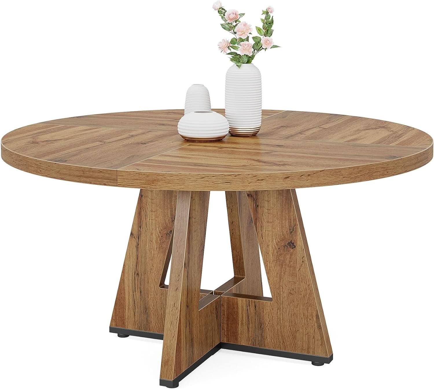 Round Dining Table Wood 47 Inch Burlywood Finish Farmhouse