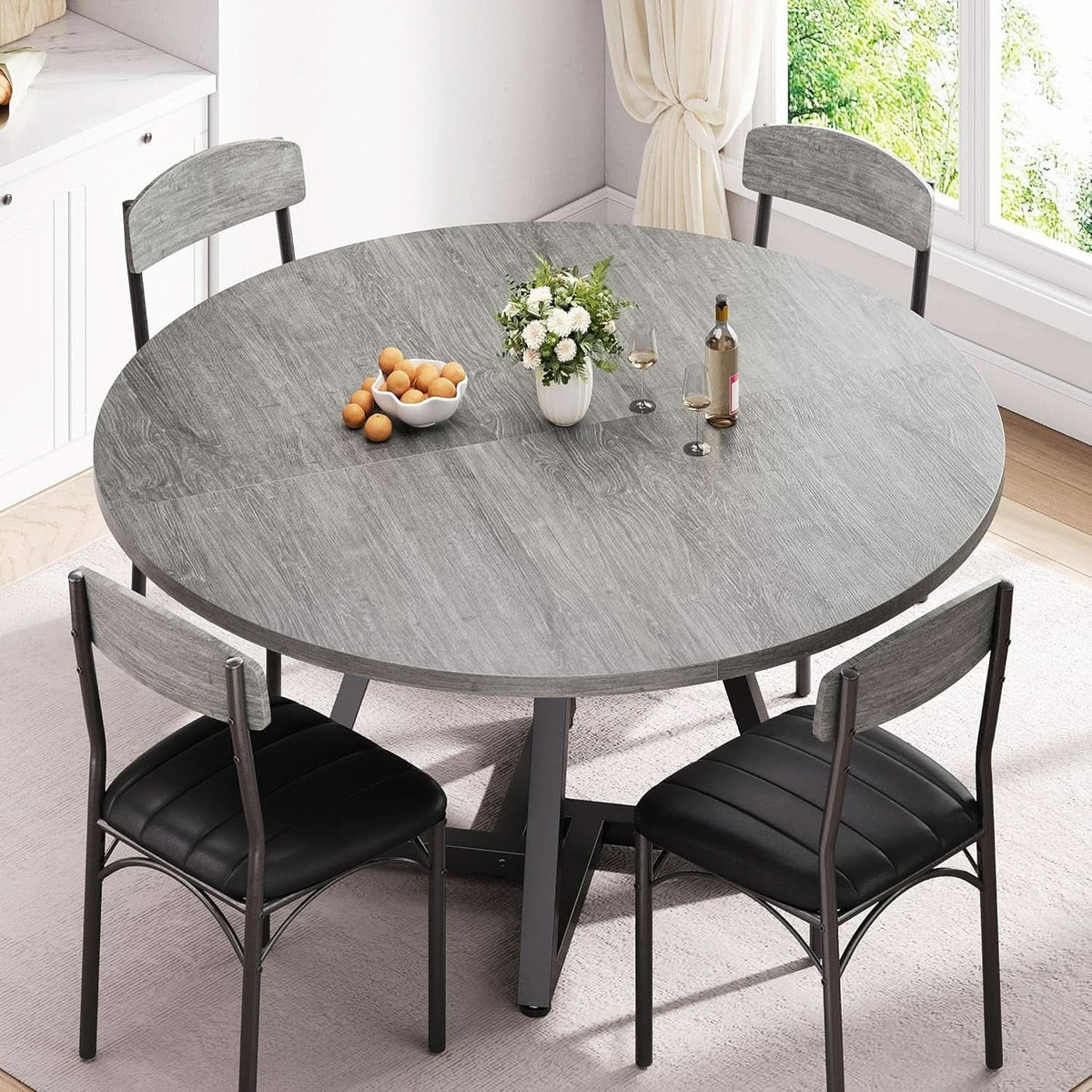 Round Grey 47 Inch Dining Table With Pedestal Metal Frame