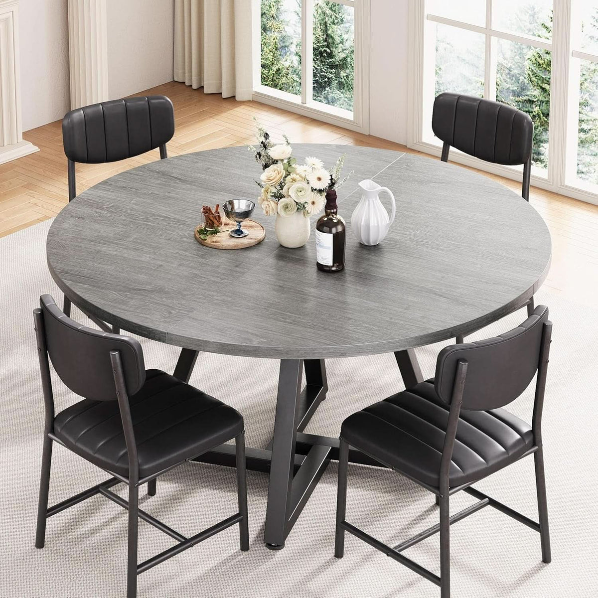 Round Grey 47 Inch Dining Table With Pedestal Metal Frame