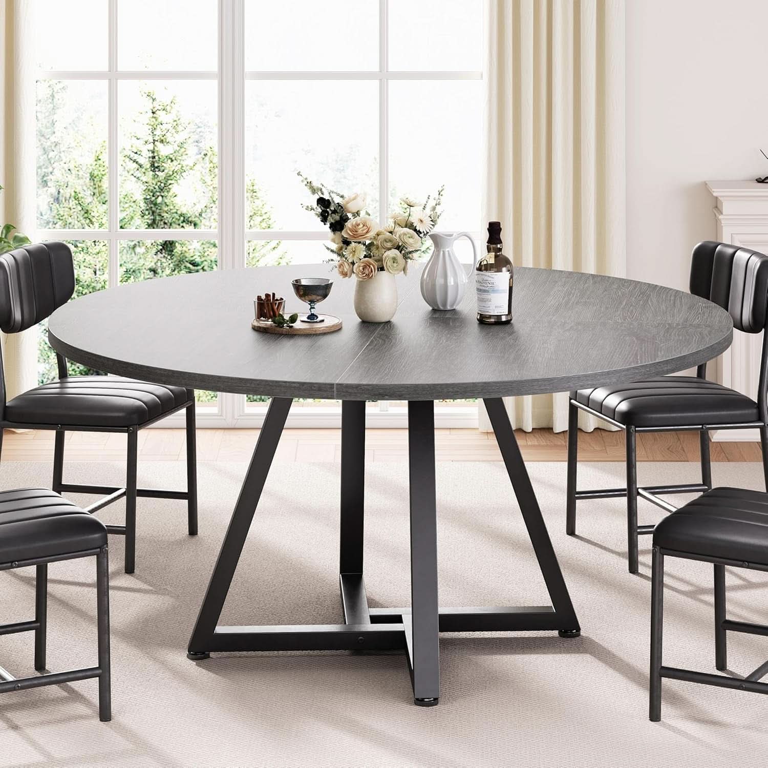 Round Grey 47 Inch Dining Table With Pedestal Metal Frame