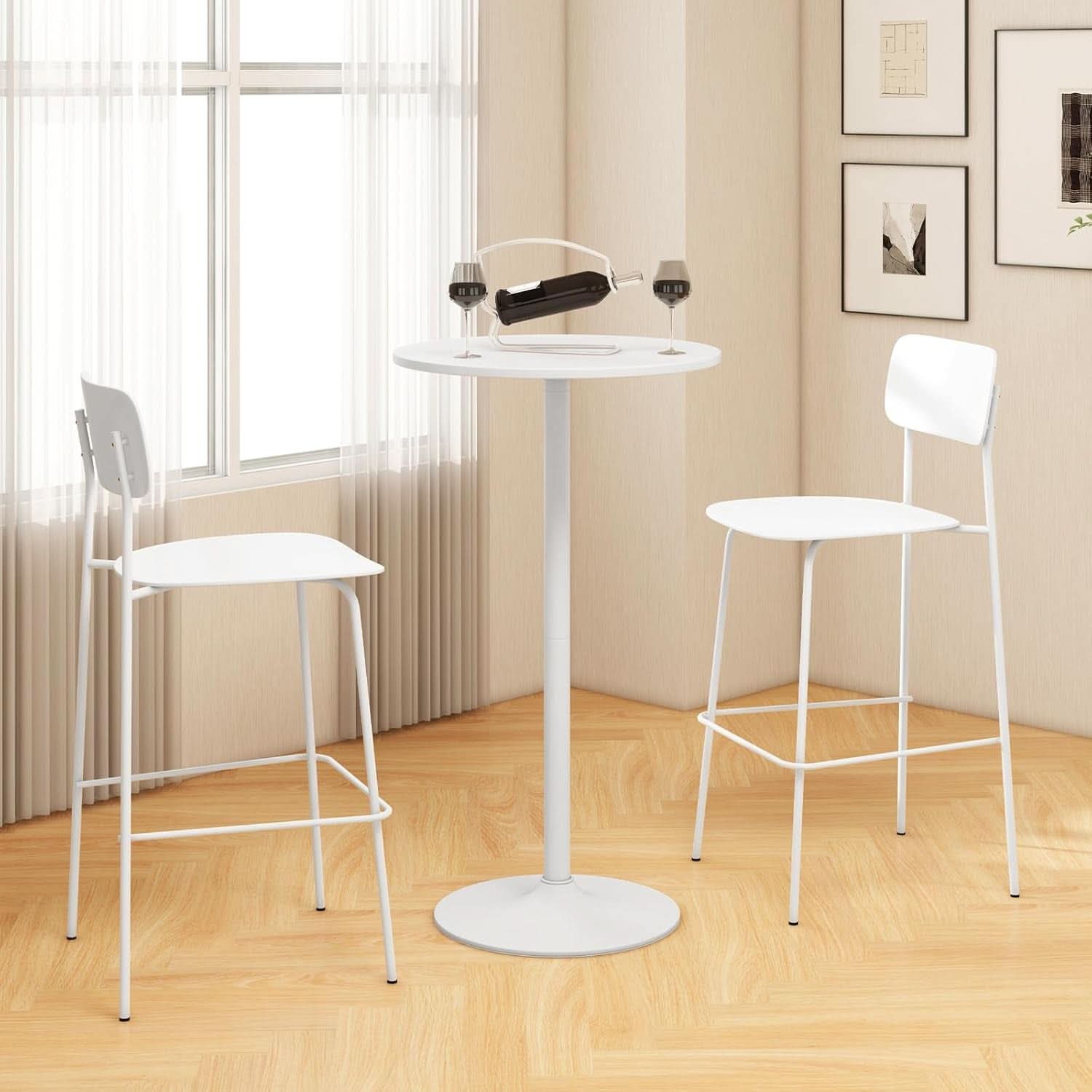 Round Height-Adjustable White Bistro Table Bar Home