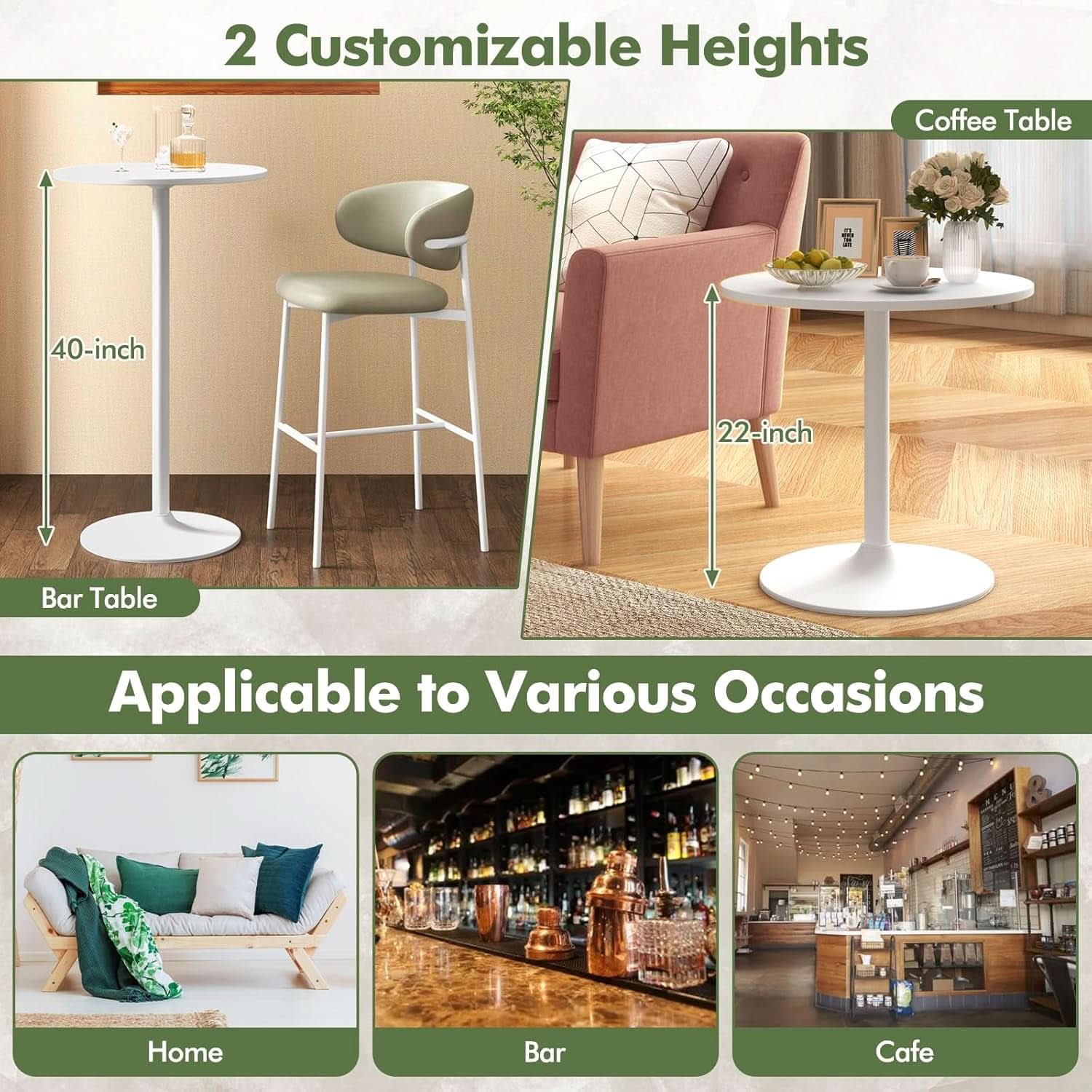 Round Height-Adjustable White Bistro Table Bar Home