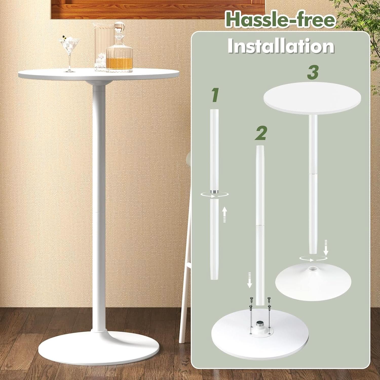 Round Height-Adjustable White Bistro Table Bar Home