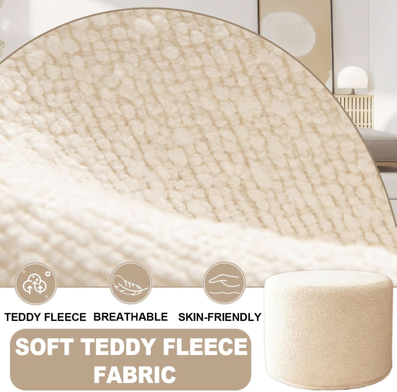 Round Ottoman Foot Rest 17x17x14 White Boucle Fabric