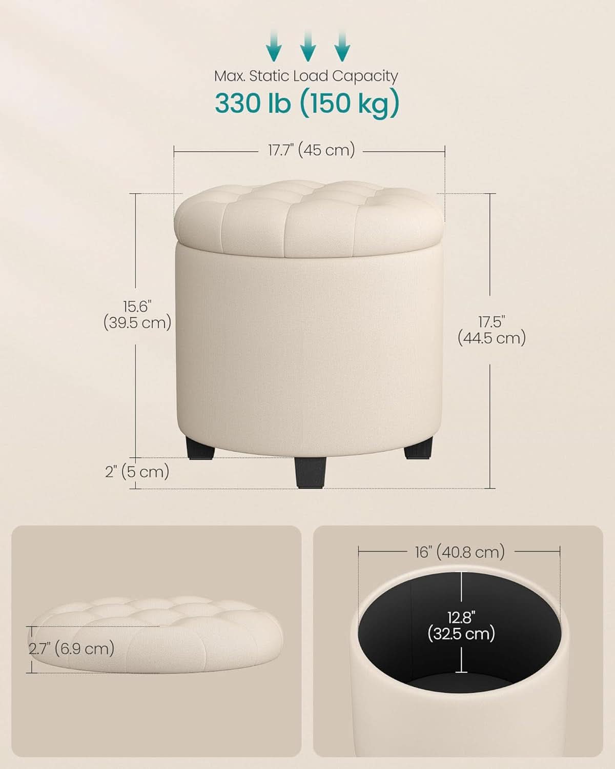 Round Ottoman With Durable Storage Linen-Look Beige
