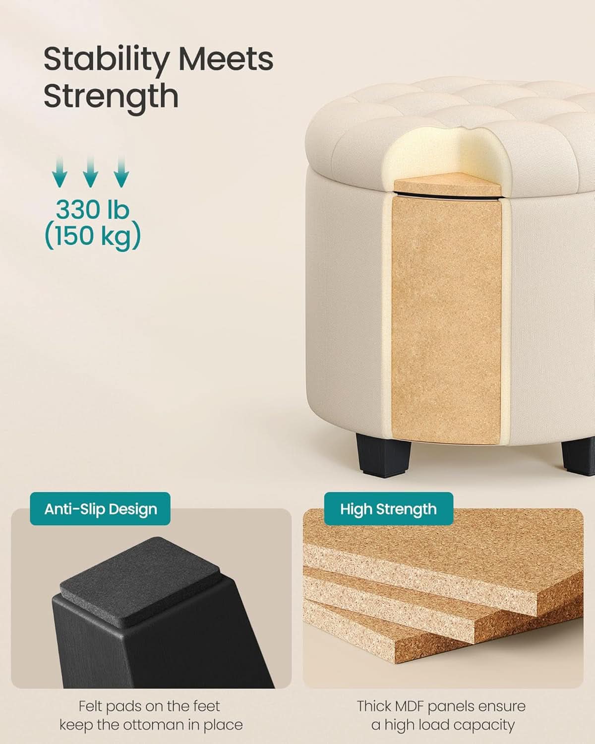 Round Ottoman With Durable Storage Linen-Look Beige