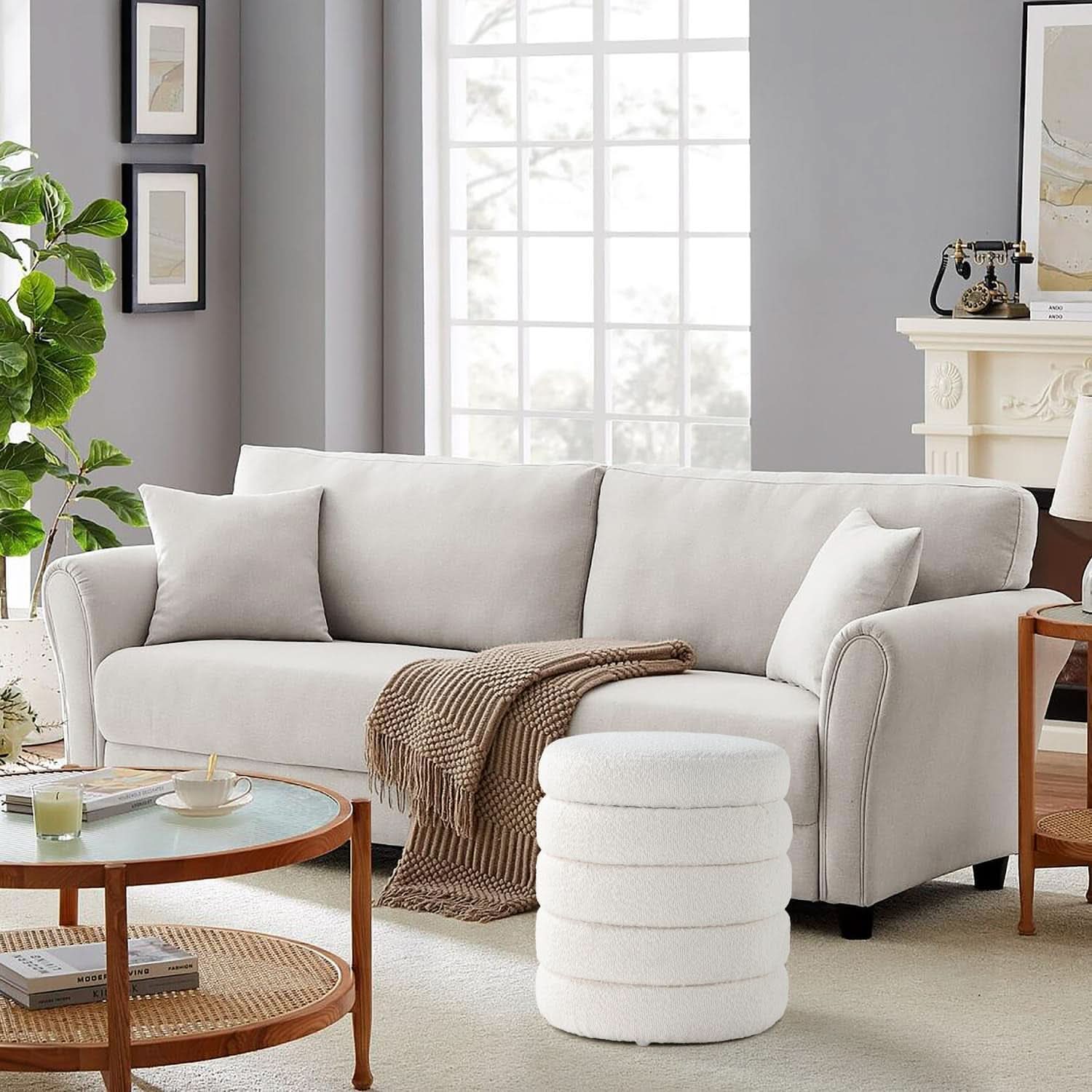 Round Ottoman With Hidden Storage And Cushioned Top