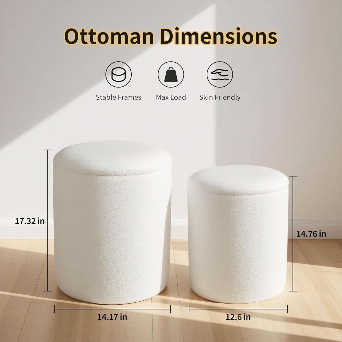 Round Storage Ottoman Reversible Tray Lid Ivory White