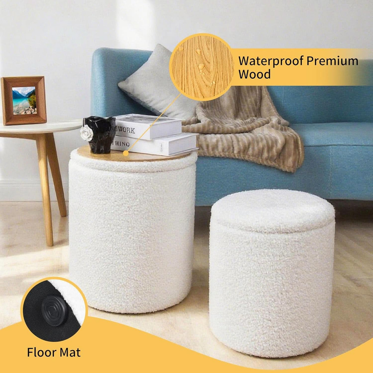 Round Storage Ottoman Reversible Tray Lid Ivory White