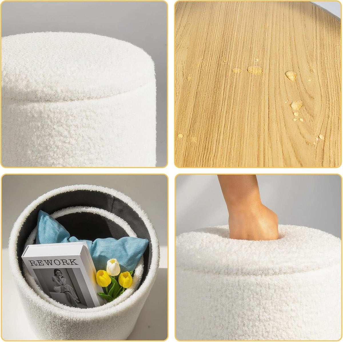 Round Storage Ottoman Reversible Tray Lid Ivory White