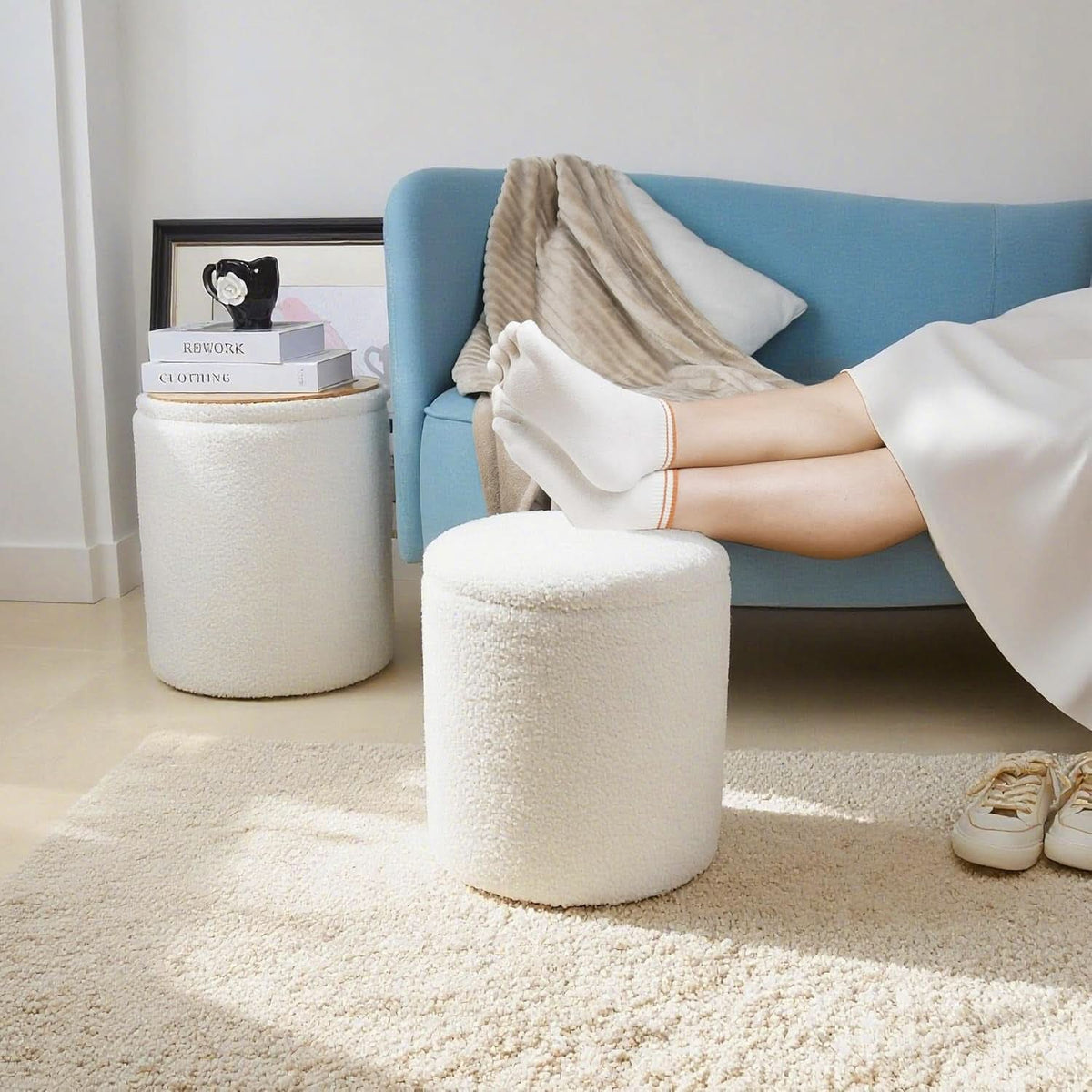 Round Storage Ottoman Reversible Tray Lid Ivory White